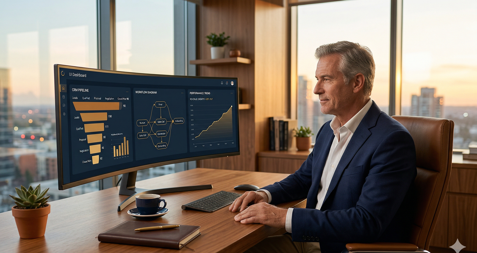 Business owner at her desk reviewing an AI-powered CRM dashboard