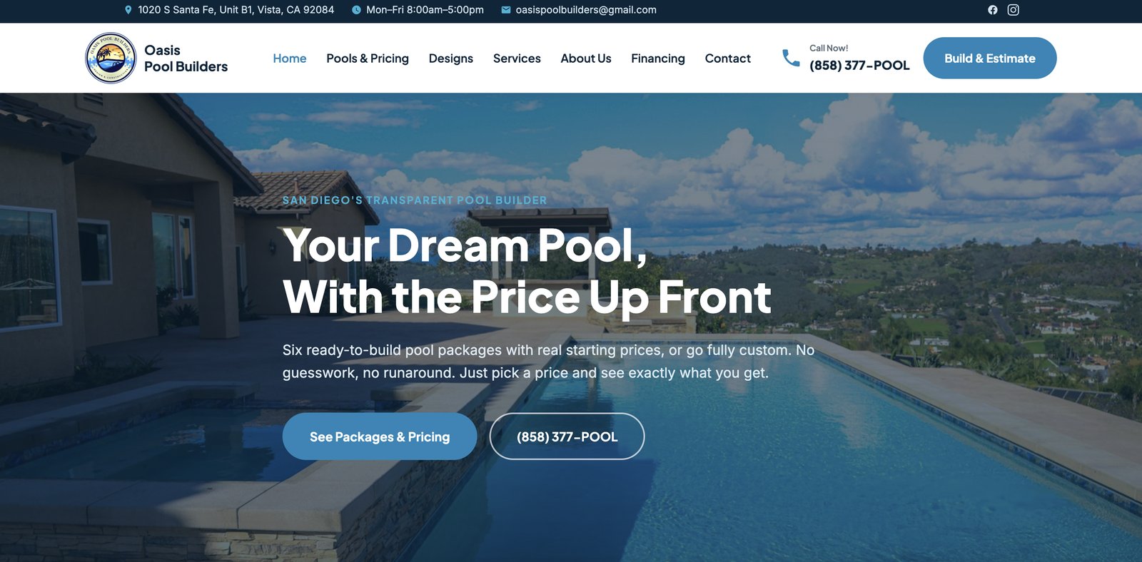 Oasis Pool Builders website after the Synergy rebuild